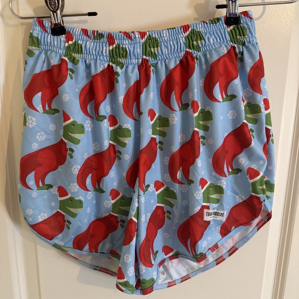 Thigh Huggers Men's Unisex Blue T Rex Santa Christmas Gym Shorts Medium Large